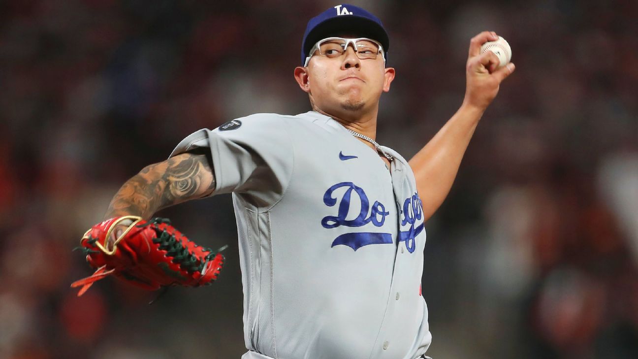 Relief pitcher Julio Urias of the Los Angeles Dodgers pitches
