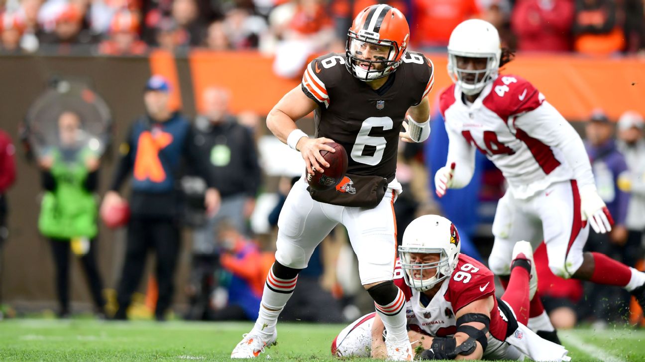 Cleveland Browns Baker Mayfield limited by left shoulder harness