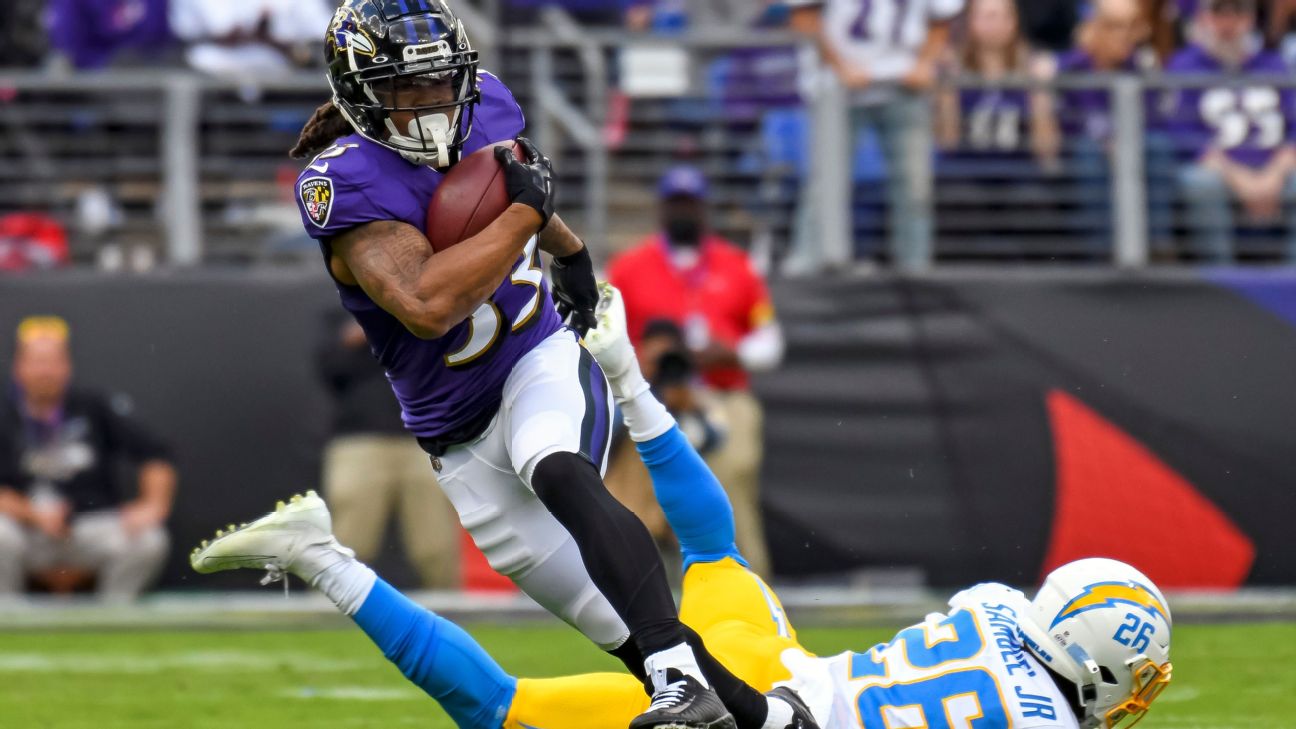 Ravens RB Justice Hill exits game vs. Bills with hamstring injury