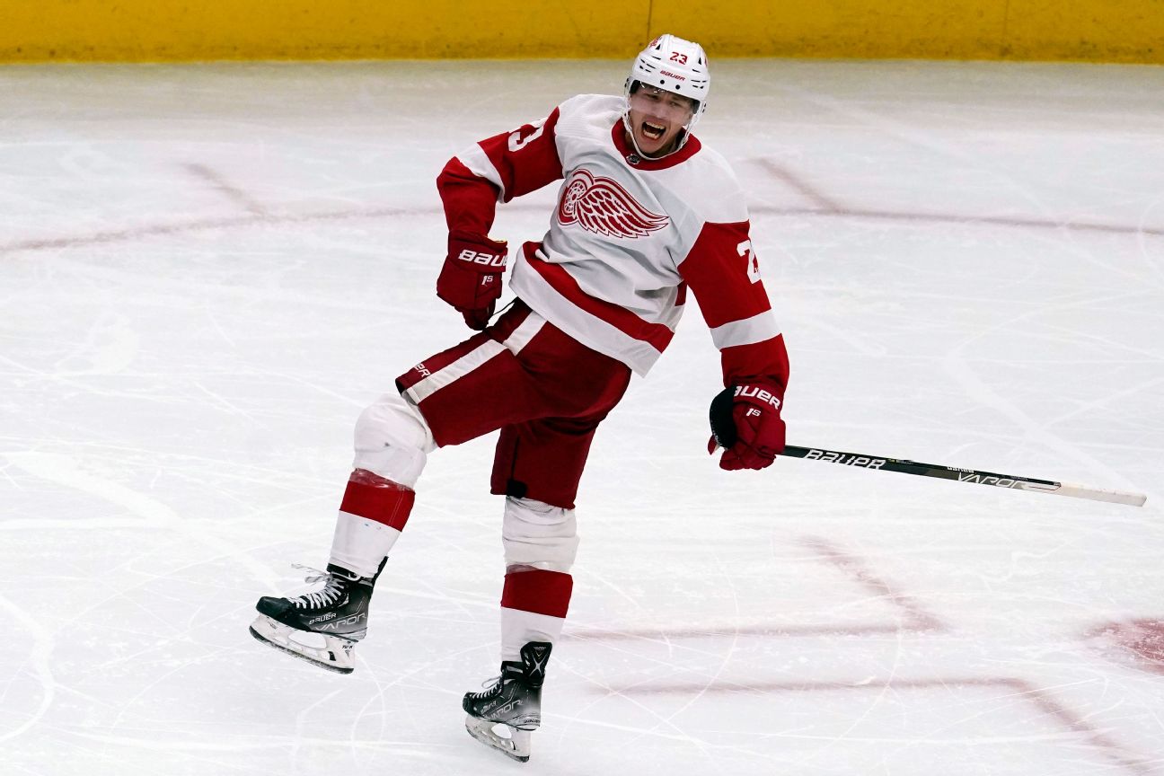 Raymond scores first NHL goal as Red Wings drop Columbus