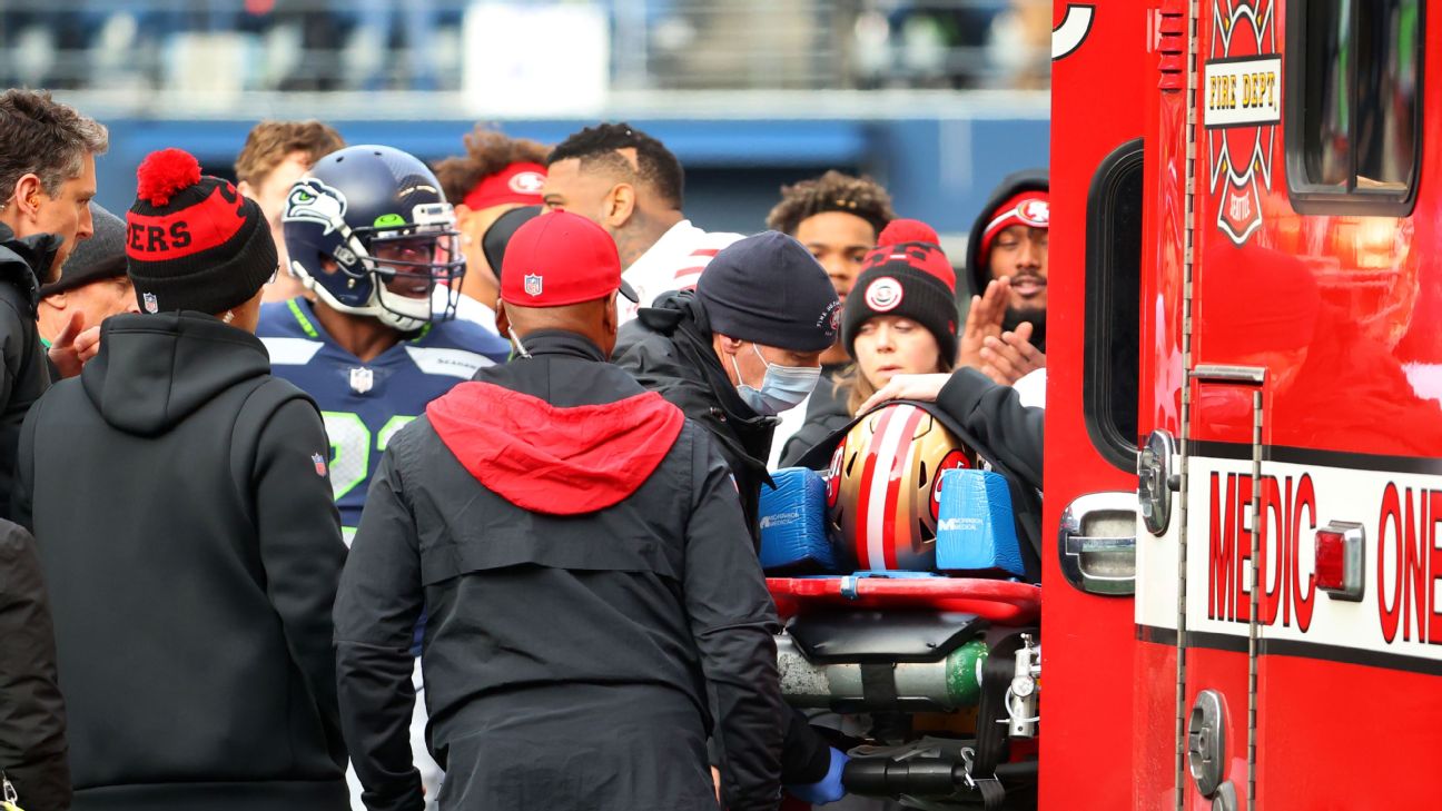 Niners RB Cannon taken off after scary collision