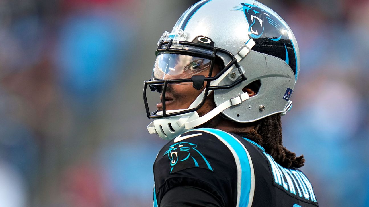 Carolina Panthers quarterback Cam Newton (1) walks on the sidelines as the Panthers  play the Los Angeles Rams in the second half of an NFL football game in  Charlotte, North Carolina on