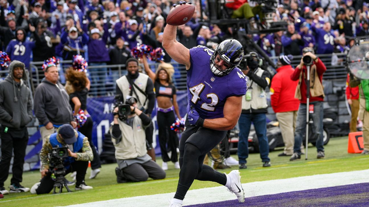 Baltimore Ravens fullback Patrick Ricard (42) warms up before an NFL  football game against the Denver Broncos, Sunday, Dec. 4, 2022, in  Baltimore. (AP Photo/Nick Wass Stock Photo - Alamy