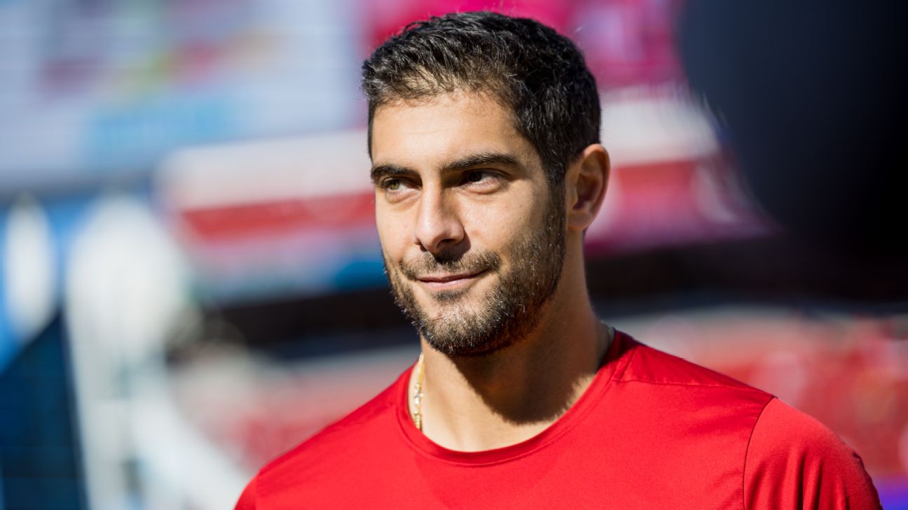 San Francisco 49ers quarterback Jimmy Garoppolo against the Los Angeles  Rams during the first half of an NFL football game Sunday, Dec. 31, 2017,  in Los Angeles. (AP Photo/Rick Scuteri Stock Photo 