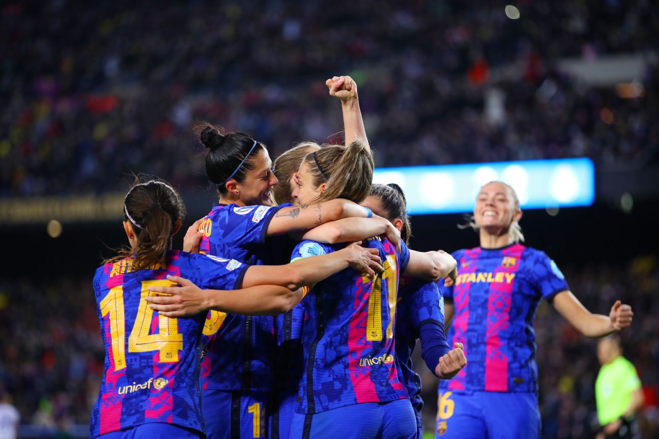 Barcelona, Catalonia. 30th Mar, 2022. FC Barcelona players celebrate a goal  during the UEFA Women's Champions League match between FC Barcelona Femeni  and Real Madrid Femenino at Camp Nou.Final score; FC Barcelona