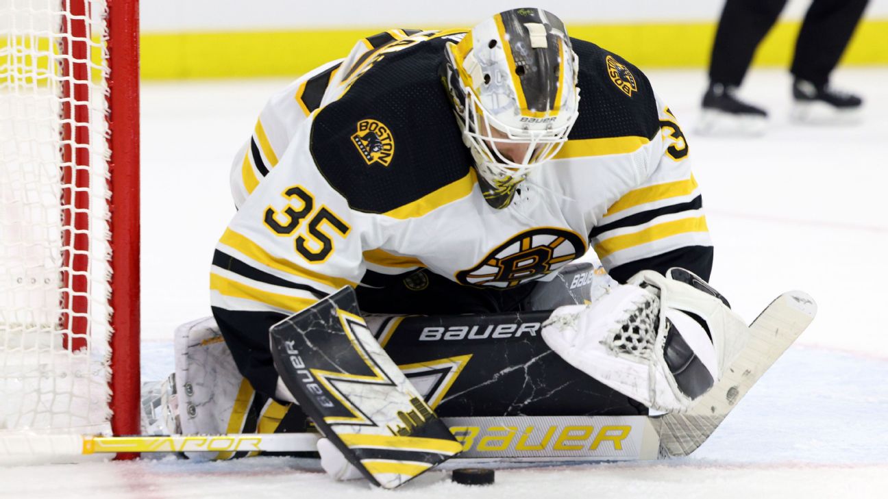 Boston Bruins goalie Linus Ullmark wears his new helmet featuring