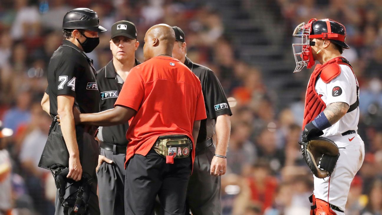 Plate umpire John Tumpane exits Orioles-Red Sox game after getting hit in  mask by foul ball - ESPN