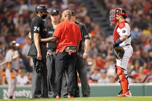 Plate ump Tumpane hit in mask by foul ball, exits