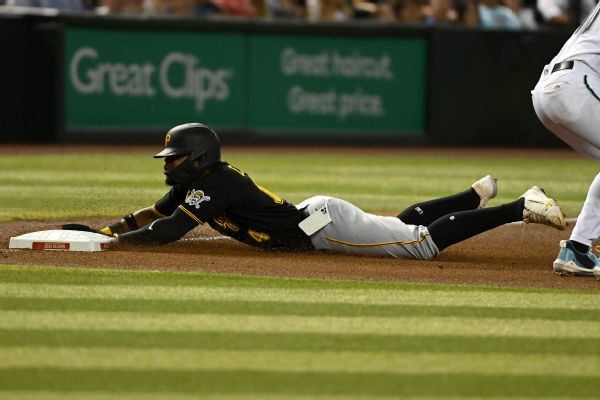 Phone flies out of Pirates 2B's pocket during slide thumbnail
