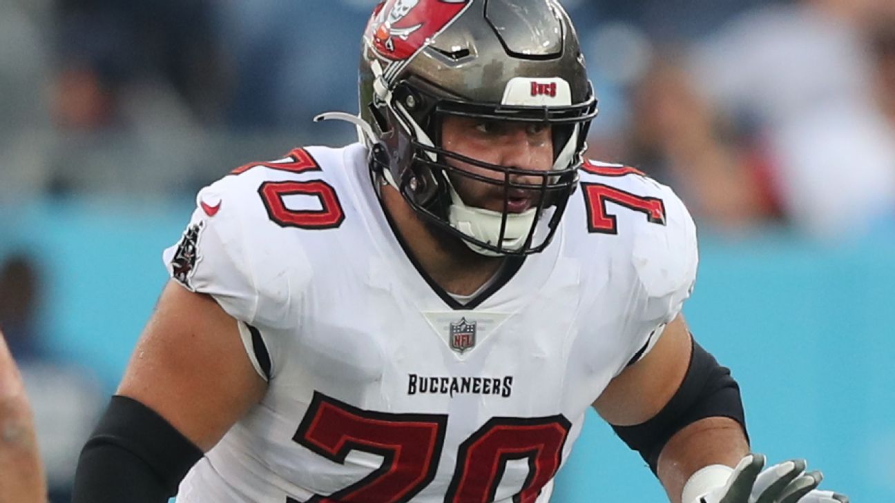 Tampa Bay Buccaneers guard Nick Leverett (60) watches action