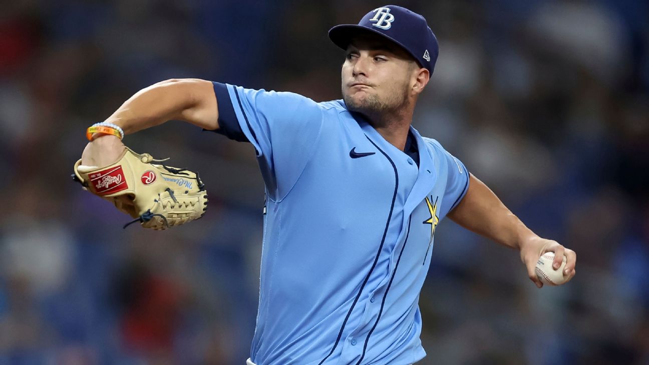 St. Petersburg, Florida, USA. June 26, 2022: Tampa Bay Rays starting  pitcher Shane McClanahan (18) throws a pitch during the MLB game between  Pittsburgh Pirates and Tampa Bay Rays St. Petersburg, FL.