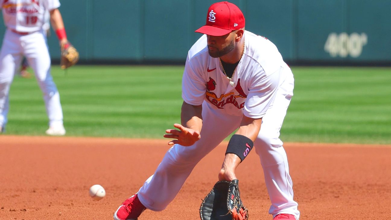 Creve Coeur, United States. 26th Jan, 2020. Los Angeles Angels Albert Pujols  is slowed by the opposing team as he plays in the Albert Pujols All Stars  basketball game at Missouri Baptist