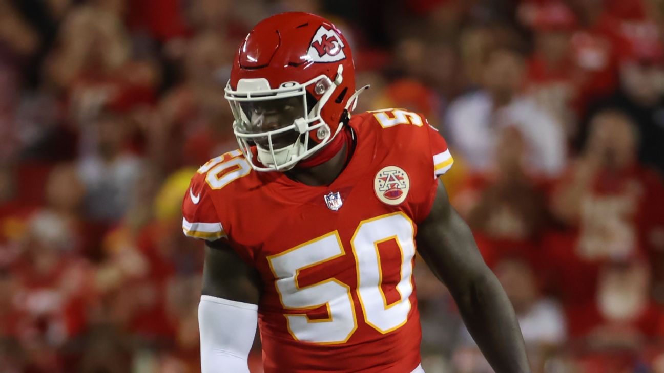 Kansas City Chiefs linebacker Willie Gay (50) looks on from the