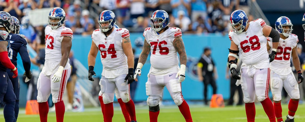 New York Giants guard Ben Bredeson (68) at the line of scrimmage against  the Chicago Bears during an NFL football game Sunday, Oct. 2, 2022, in East  Rutherford, N.J. (AP Photo/Adam Hunger