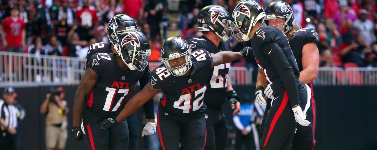 Atlanta Falcons running back Caleb Huntley (42) runs against the San  Francisco 49ers during the first half of an NFL football game, Sunday, Oct.  16, 2022, in Atlanta. (AP Photo/John Bazemore Stock