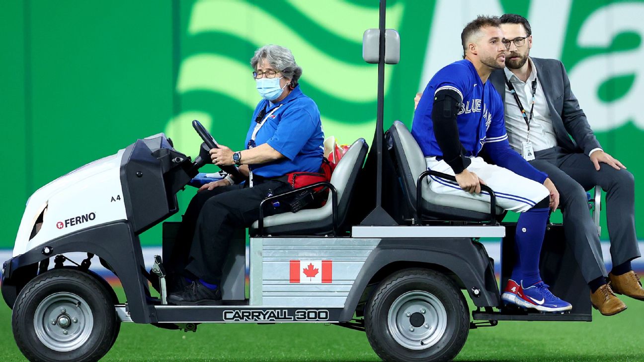 Blue Jays center fielder George Springer is carted away after frightening  collision with Bo Bichette