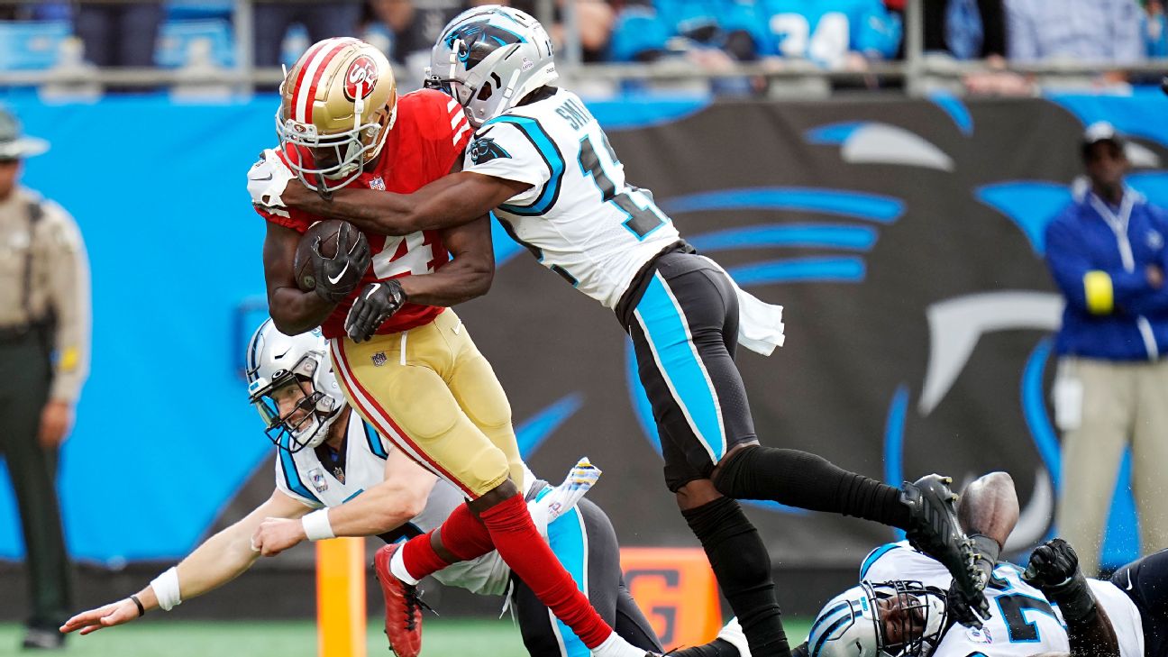 49ers' Emmanuel Moseley returns interception from Panthers QB Baker  Mayfield for a TD - ESPN