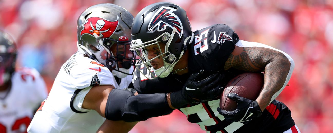 Atlanta Falcons running back Caleb Huntley (42) runs the ball during the  second half of a preseason NFL football game against the Tennessee Titans,  Friday, Aug. 13, 2021, in Atlanta. The Tennessee