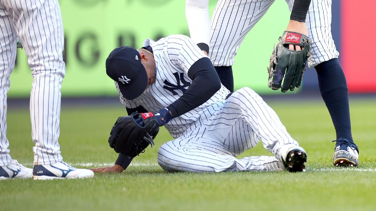 NY Yankees' Marwin Gonzalez with injury vs. Brewers