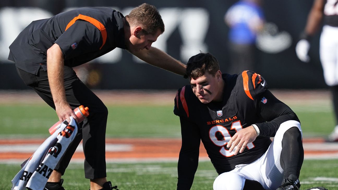 Cincinnati Bengals defensive end Trey Hendrickson (91) is led off the field  after being injured against the Pittsburgh Steelers during the first half  of an NFL football game, Sunday, Nov. 20, 2022