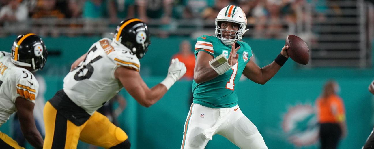 Miami Dolphins defensive back Jevon Holland flies through the gap untouched  for a third-down tackle for a loss