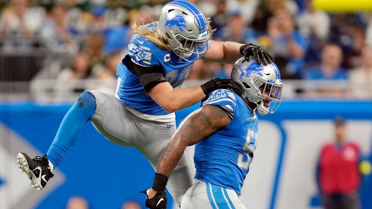 Jeff Okudah of the Detroit Lions celebrates after defeating the