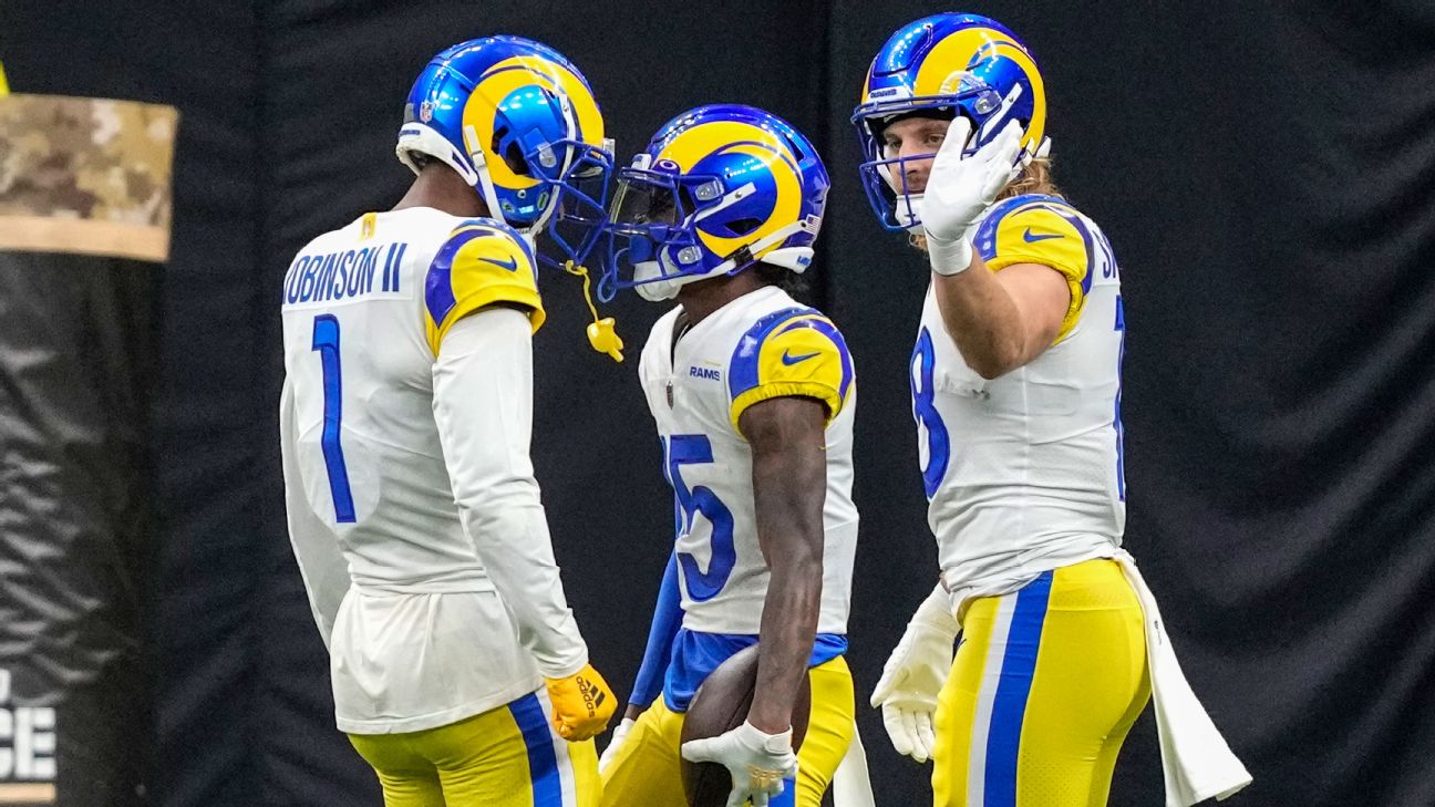 Los Angeles Rams quarterback Matthew Stafford connects with wide receiver  Tutu Atwell downfield for a 31-yard touchdown