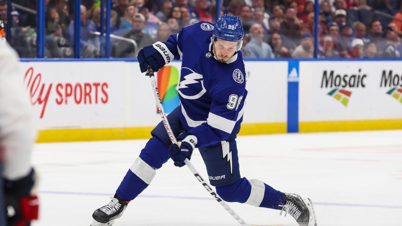 New Tampa Bay Lightning left winger Brandon Hagel (38) skates in warm-ups  prior to an NHL hockey game against the New York Rangers Saturday, March  19, 2022, in Tampa, Fla. Hagel was