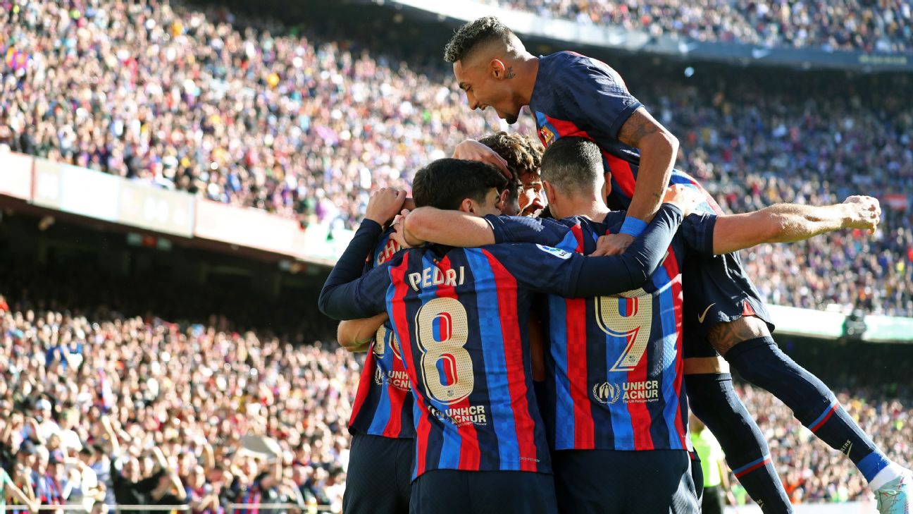 Frenkie de Jong of FC Barcelona celebrates 2-2 with Jules Kounde of News  Photo - Getty Images