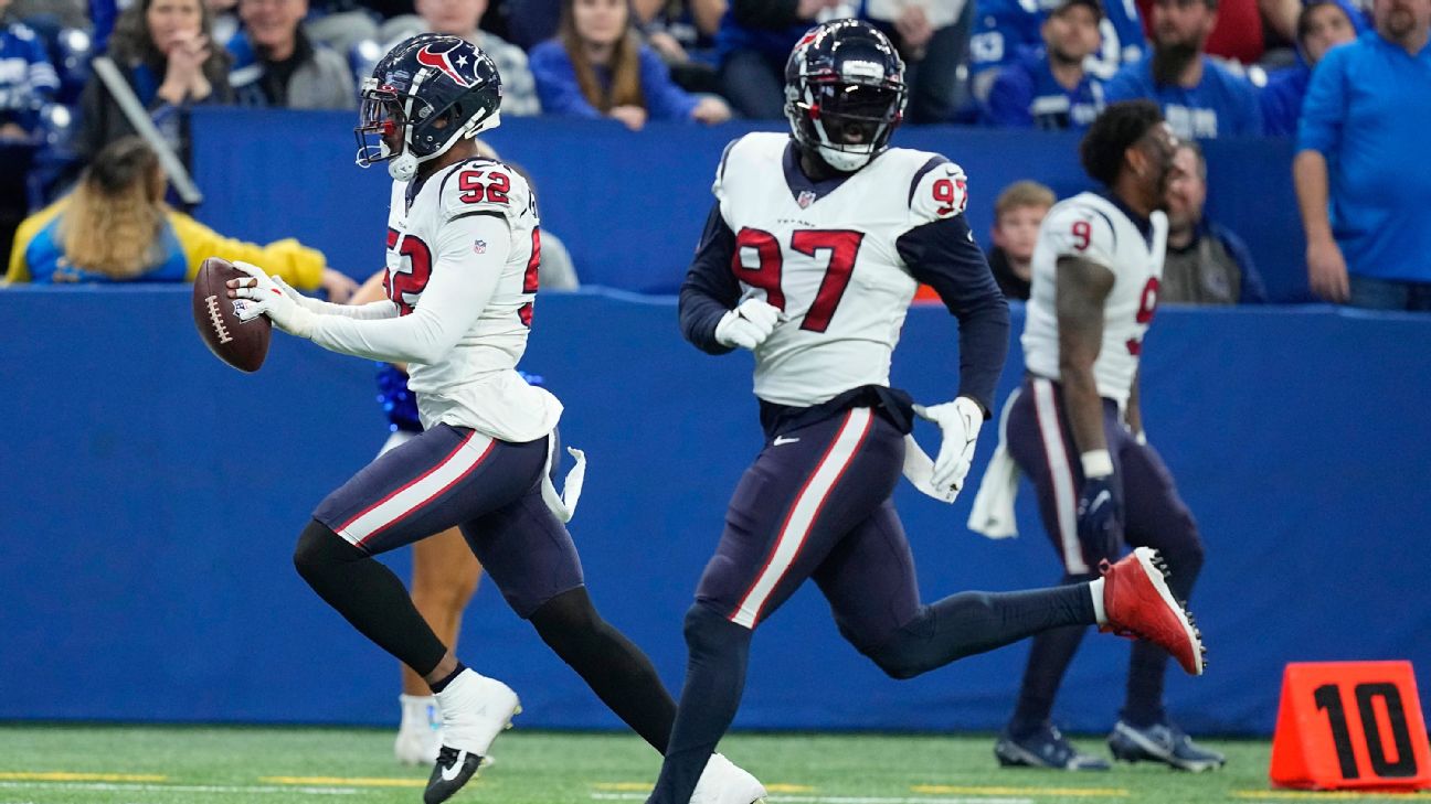 Houston Texans defensive lineman Jonathan Greenard (52) walks on the  sidelines during an NFL football game against the Miami Dolphins, Sunday  Nov. 7, 2021, in Miami Gardens, Fla. (AP Photo/Doug Murray Stock