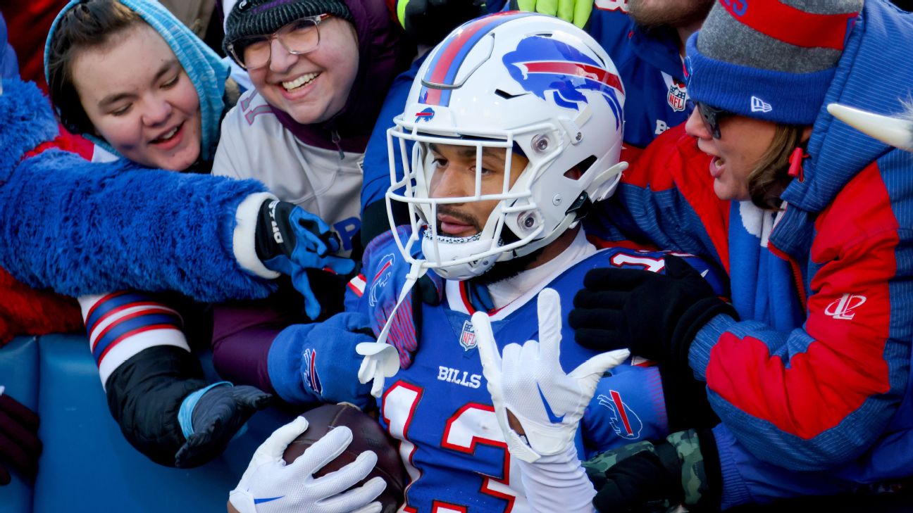 Buffalo Bills quarterback Josh Allen (17) and wide receiver Gabe Davis (13)  celebrate a touchdown during the first half of an NFL football game against  the Pittsburgh Steelers on Sunday, Oct. 9