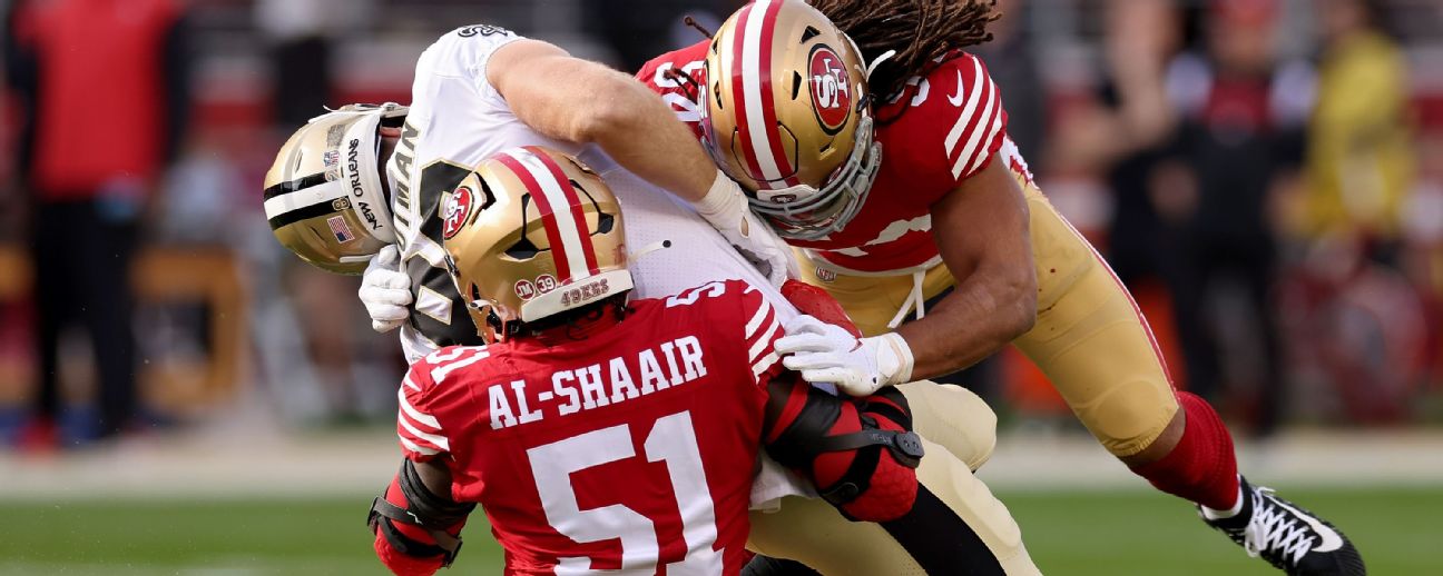 San Francisco 49ers outside linebacker Azeez Al-Shaair (51) is