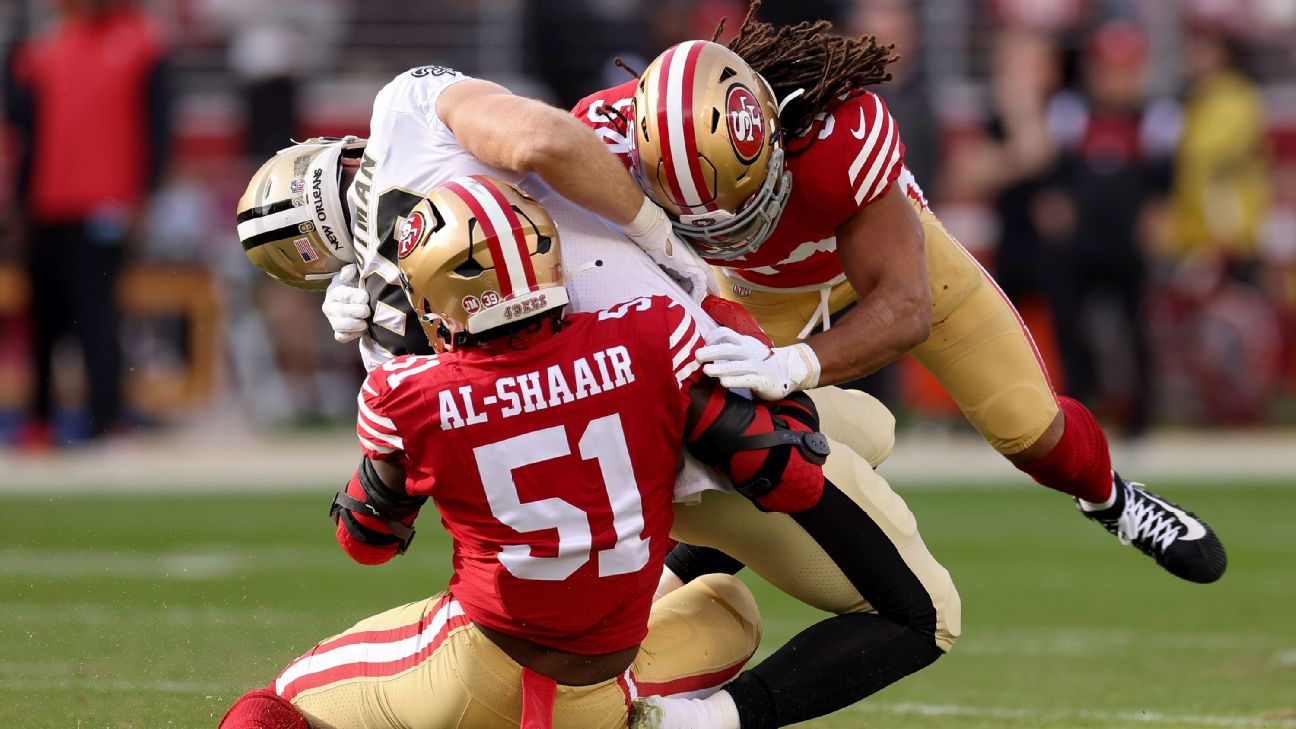 San Francisco 49ers linebacker Azeez Al-Shaair (51) reacts during