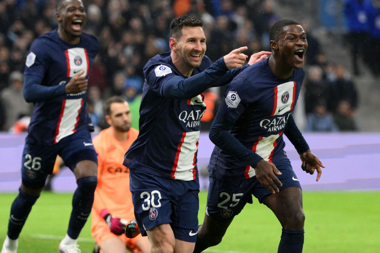 Marseille, France, France. 26th Feb, 2023. Kylian MBAPPE of PSG celebrates  his goal during the Ligue 1 match between Olympique de Marseille (OM) and Paris  Saint-Germain (PSG) at Orange Velodrome Stadium on