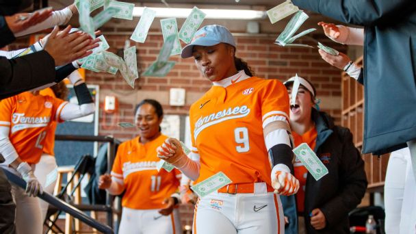 Welcome to the softball dugout, where fun props and unbridled enthusiasm create college sports’ best party