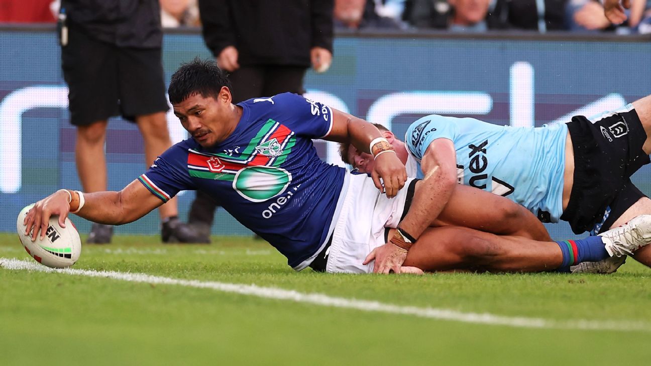 Jordan Riki of the Broncos scores a try during the NRL Round 5