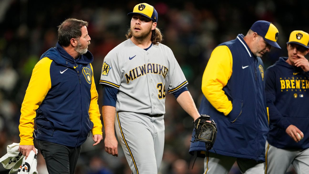 Brewers ace Corbin Burnes leaves game with pectoral strain