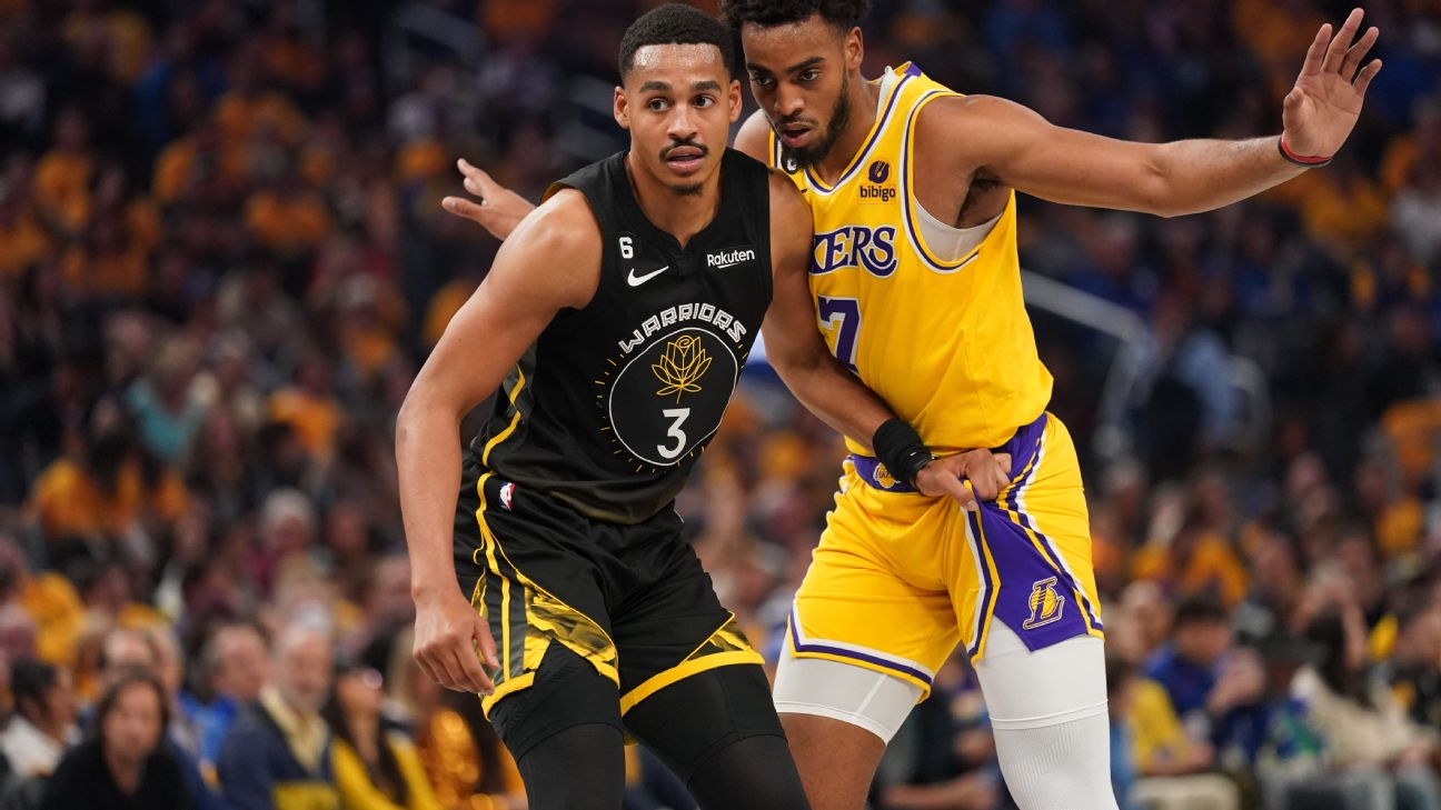 Golden State Warriors' Jordan Poole (3) reacts to San Francisco 49ers'  Deebo Samuel on the sideline after hitting a shot in the second half of an  NBA basketball game against the Memphis