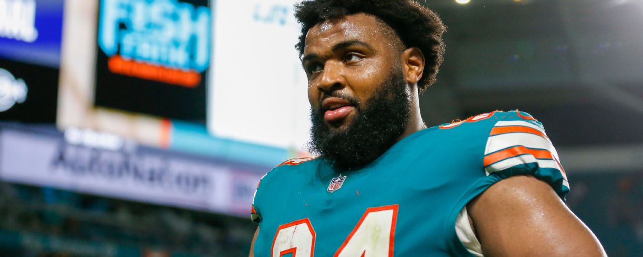 Miami Dolphins defensive tackle Christian Wilkins (94) lines up against the  Cleveland Browns during an NFL football game, Sunday, Nov. 24, 2019, in  Cleveland. The Browns won the game 41-24. (Jeff Haynes/AP