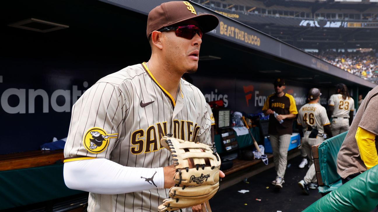 Luis Garcia of the San Diego Padres looks on after being taken out