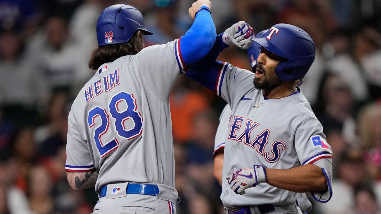 Rangers catcher Jonah Heim cleared to bat from right side