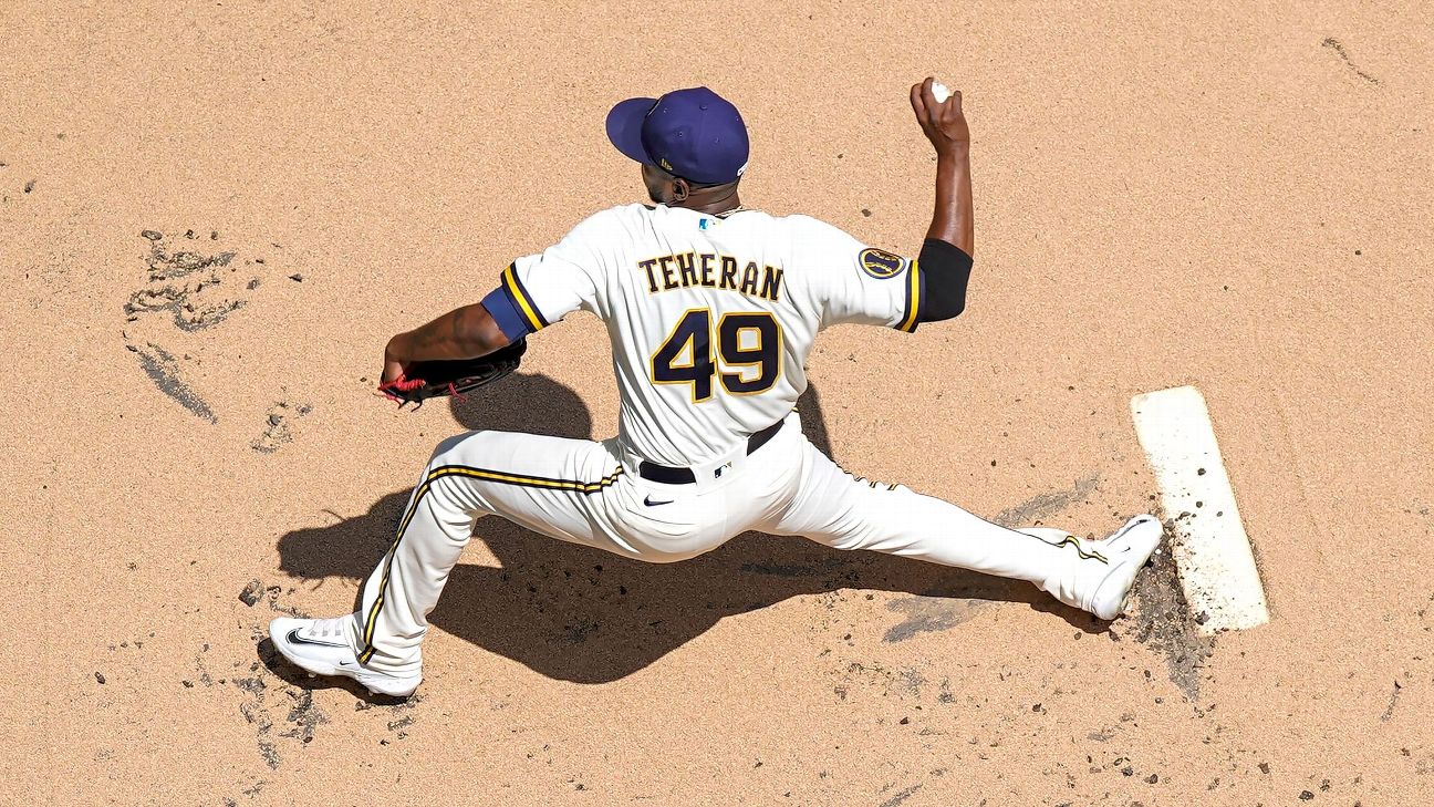 Julio Teheran of the Milwaukee Brewers reacts as he walks off the News  Photo - Getty Images