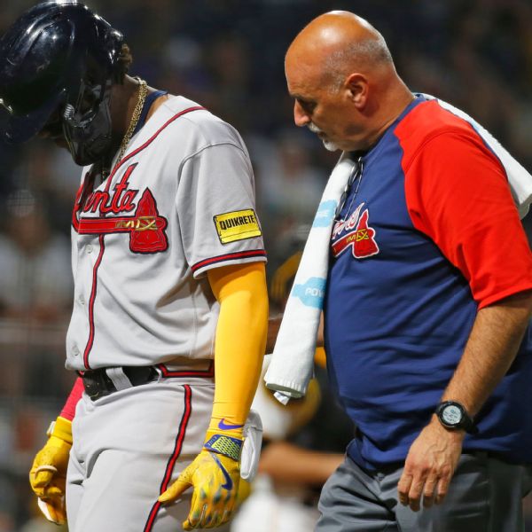 Acuna (elbow) leaves after HBP, X-rays negative