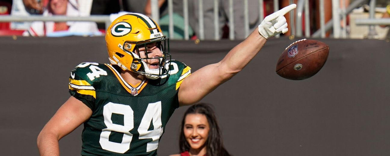 Green Bay Packers tight end Tyler Davis (84) gets set before a play during  an NFL football game against the New York Giants at Tottenham Hotspur  Stadium in London, Sunday, Oct. 9