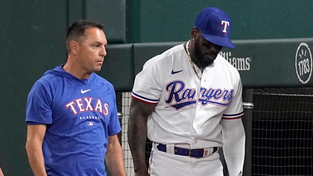 Rangers All-Star Adolis Garcia exits early after getting hit in elbow