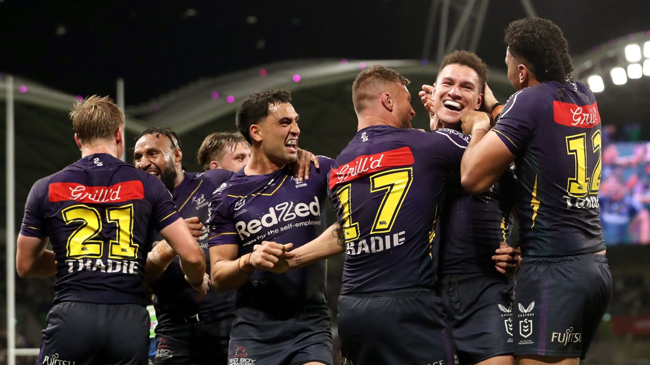 Will Warbrick of the Storm scores a try during the NRL Round 12 match  between the Redcliffe Dolphins and the Melbourne Storm at Suncorp Stadium  in Brisbane, Saturday, May 20, 2023. (AAP