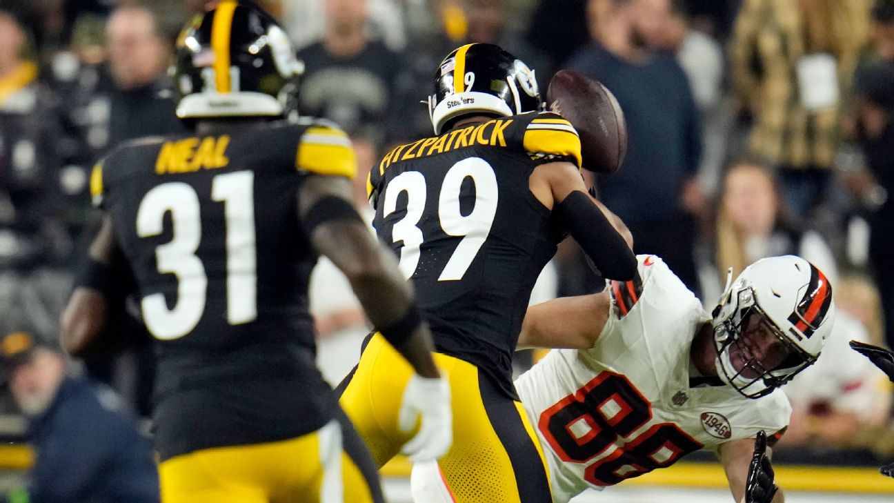 Pittsbugh, USA. 29th Oct, 2019. Pittsburgh Steelers free safety Minkah  Fitzpatrick (39) intercepts a Miami Dolphins quarterback Ryan Fitzpatrick  (14) pass in the third quarter of the Steelers 27-14 win at Heinz