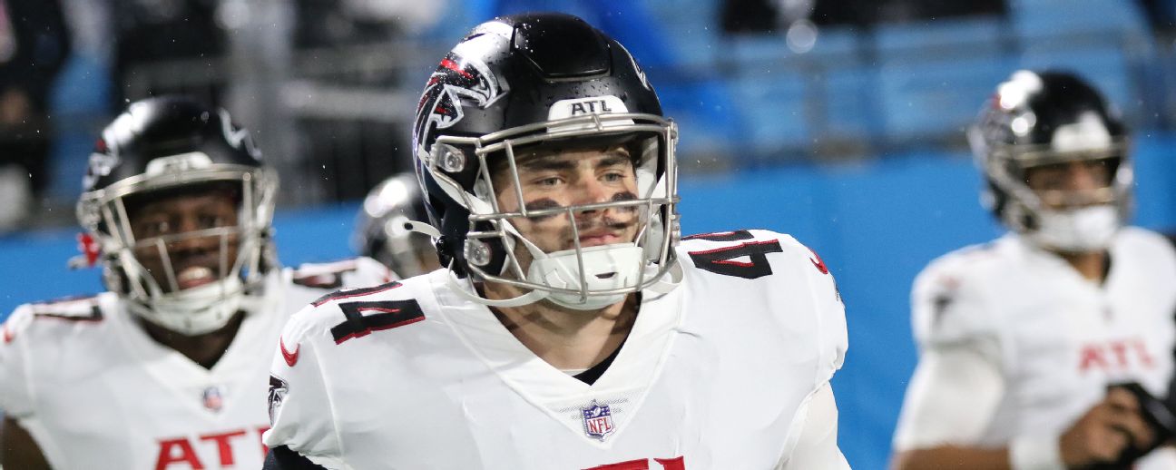 Atlanta Falcons linebacker Troy Andersen (44) works during the first half  of an NFL football game