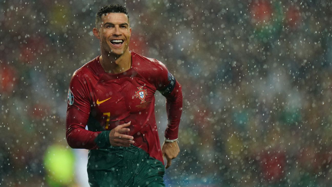 Cristiano Ronaldo celebrates one of two goals in Portugal's win over Slovakia.