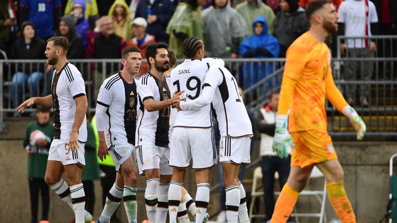 Jamal Musiala celebrates scoring Germany's third goal in its win over the USMNT.